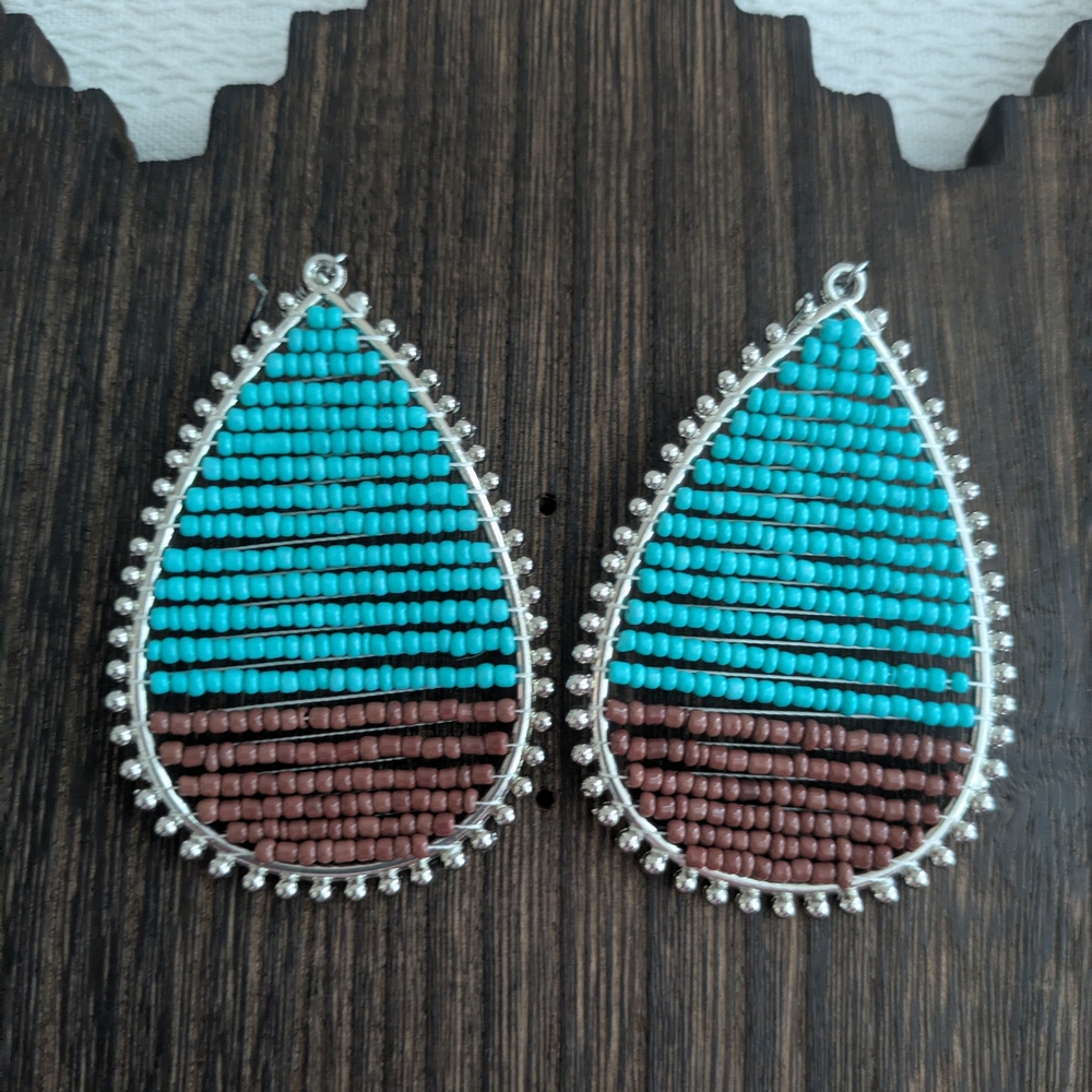 Turquoise and Brown Teardrop Beaded Earrings